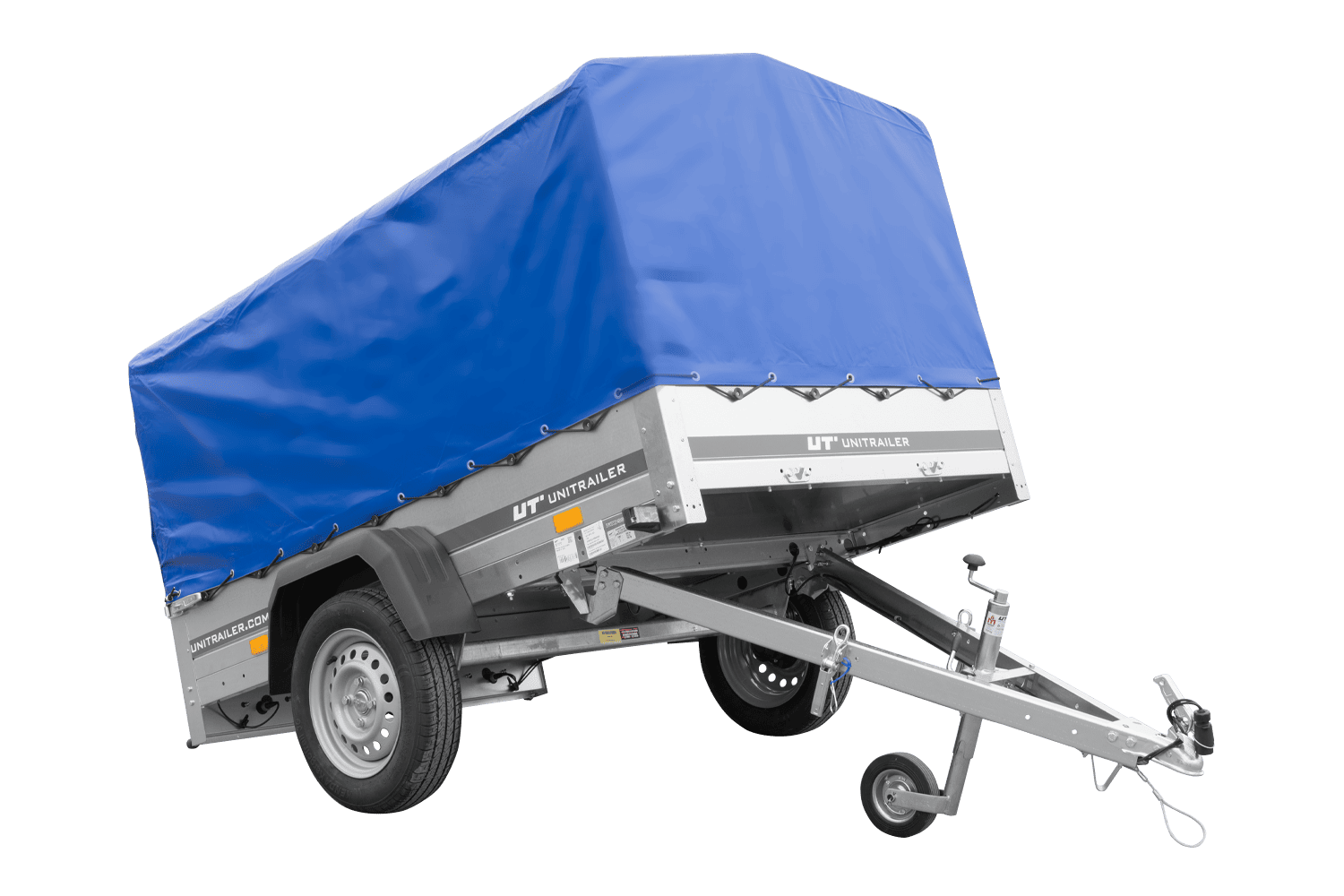 UNITRAILER Garden Trailer 201 Kipp – PKW-Anhänger 200,6 × 125,6 cm – 750 kg – Einachser – 80 cm hohe blaue Plane – Ansicht 1