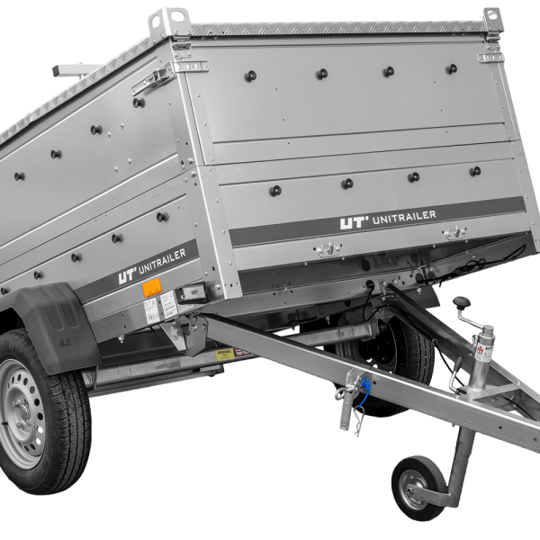 UNITRAILER Garden Trailer 201 Kipp – PKW-Anhänger 200,6 × 125,6 cm – 750 kg – Einachser – Aluminiumhaube – Zusatzbordwände: zusätzliche Vollwand-Stahlbordwände – Ansicht 1
