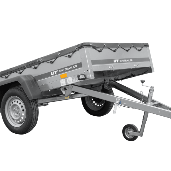 UNITRAILER Garden Trailer 201 Kipp – PKW-Anhänger 200,6 × 125,6 cm – 750 kg – Einachser – flache graue Plane – Ansicht 1
