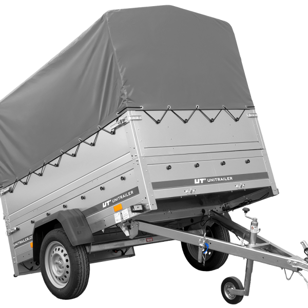 UNITRAILER Garden Trailer 201 Kipp – PKW-Anhänger 200,6 × 125,6 cm – 750 kg – Einachser – 80 cm hohe graue Plane – Zusatzbordwände: zusätzliche Vollwand-Stahlbordwände – Ansicht 1