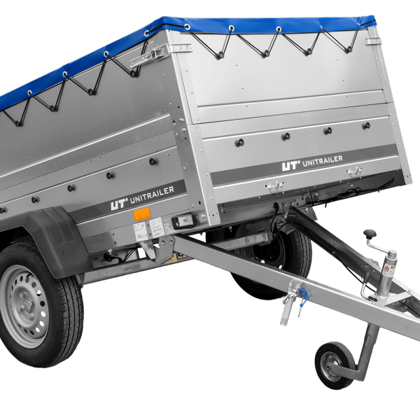 UNITRAILER Garden Trailer 201 Kipp – PKW-Anhänger 200,6 × 125,6 cm – 750 kg – Einachser – blaue Flachplane – Zusatzbordwände: zusätzliche Vollwand-Stahlbordwände – Ansicht 1