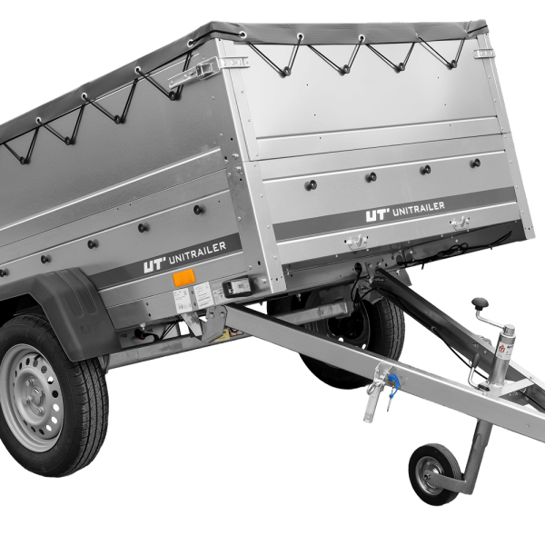 UNITRAILER Garden Trailer 201 Kipp – PKW-Anhänger 200,6 × 125,6 cm – 750 kg – Einachser – graue Flachplane – Zusatzbordwände: zusätzliche Vollwand-Stahlbordwände – mit Flachplanenträger – Ansicht 1