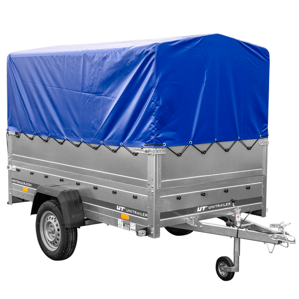 UNITRAILER Garden Trailer 230 FD – PKW-Anhänger 230,4 × 125,6 cm – 750 kg – Einachser – 80 cm hohe blaue Plane – Zusatzbordwände: zusätzliche Vollwand-Stahlbordwände – Ansicht 1