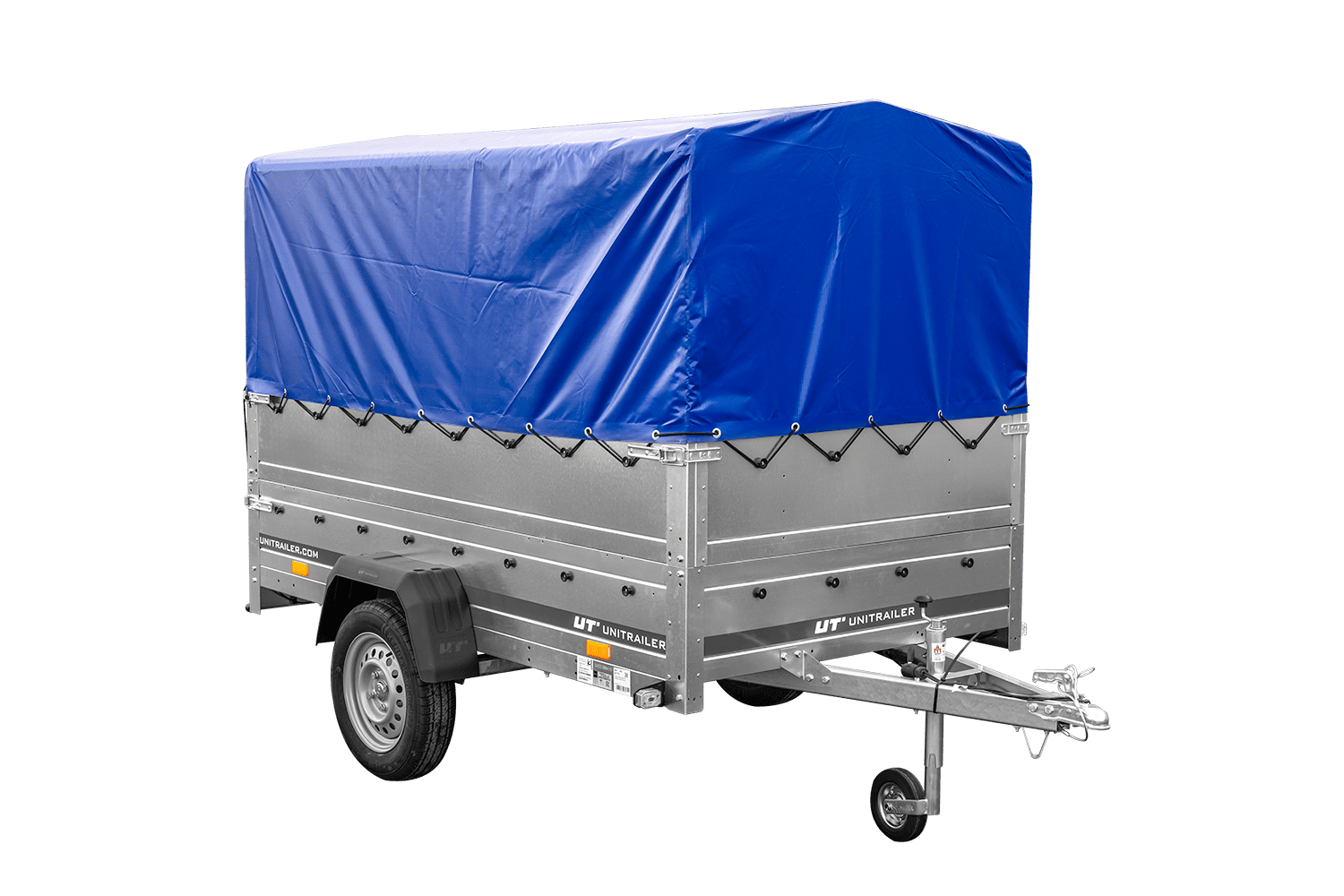 UNITRAILER Garden Trailer 230 FD – PKW-Anhänger 230,4 × 125,6 cm – 750 kg – Einachser – 80 cm hohe blaue Plane – Zusatzbordwände: zusätzliche Vollwand-Stahlbordwände – Ansicht 1