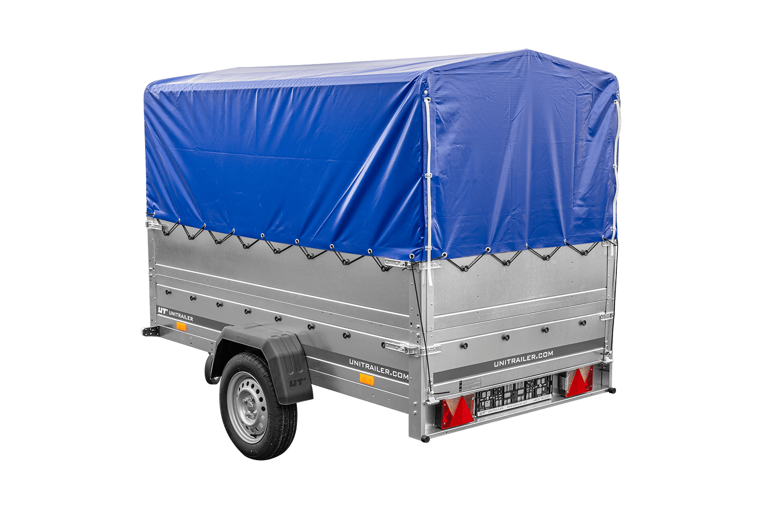 UNITRAILER Garden Trailer 230 FD – PKW-Anhänger 230,4 × 125,6 cm – 750 kg – Einachser – 80 cm hohe blaue Plane – Zusatzbordwände: zusätzliche Vollwand-Stahlbordwände – Ansicht 3