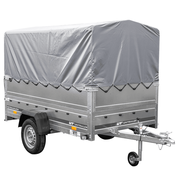UNITRAILER Garden Trailer 230 FD – PKW-Anhänger 230,4 × 125,6 cm – 750 kg – Einachser – 80 cm hohe graue Plane – Zusatzbordwände: zusätzliche Vollwand-Stahlbordwände – Ansicht 1