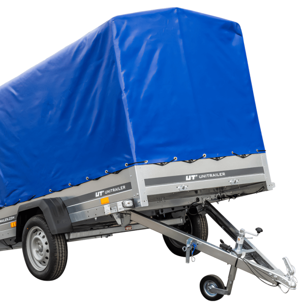 UNITRAILER Garden Trailer 230 Kipp – PKW-Anhänger 230,4 × 125,6 cm – 750 kg – Einachser – 110 cm hohe blaue Plane – Ansicht 1