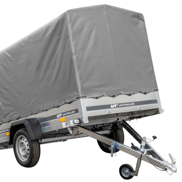 UNITRAILER Garden Trailer 230 Kipp – PKW-Anhänger 230,4 × 125,6 cm – 750 kg – Einachser – 110 cm hohe graue Plane – Ansicht 1