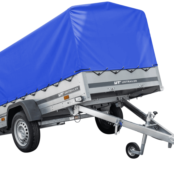 UNITRAILER Garden Trailer 230 Kipp – PKW-Anhänger 230,4 × 125,6 cm – 750 kg – Einachser – 80 cm hohe blaue Plane – Ansicht 1