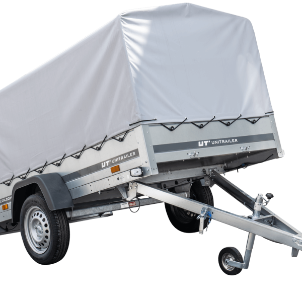 UNITRAILER Garden Trailer 230 Kipp – PKW-Anhänger 230,4 × 125,6 cm – 750 kg – Einachser – 80 cm hohe graue Plane – Ansicht 1