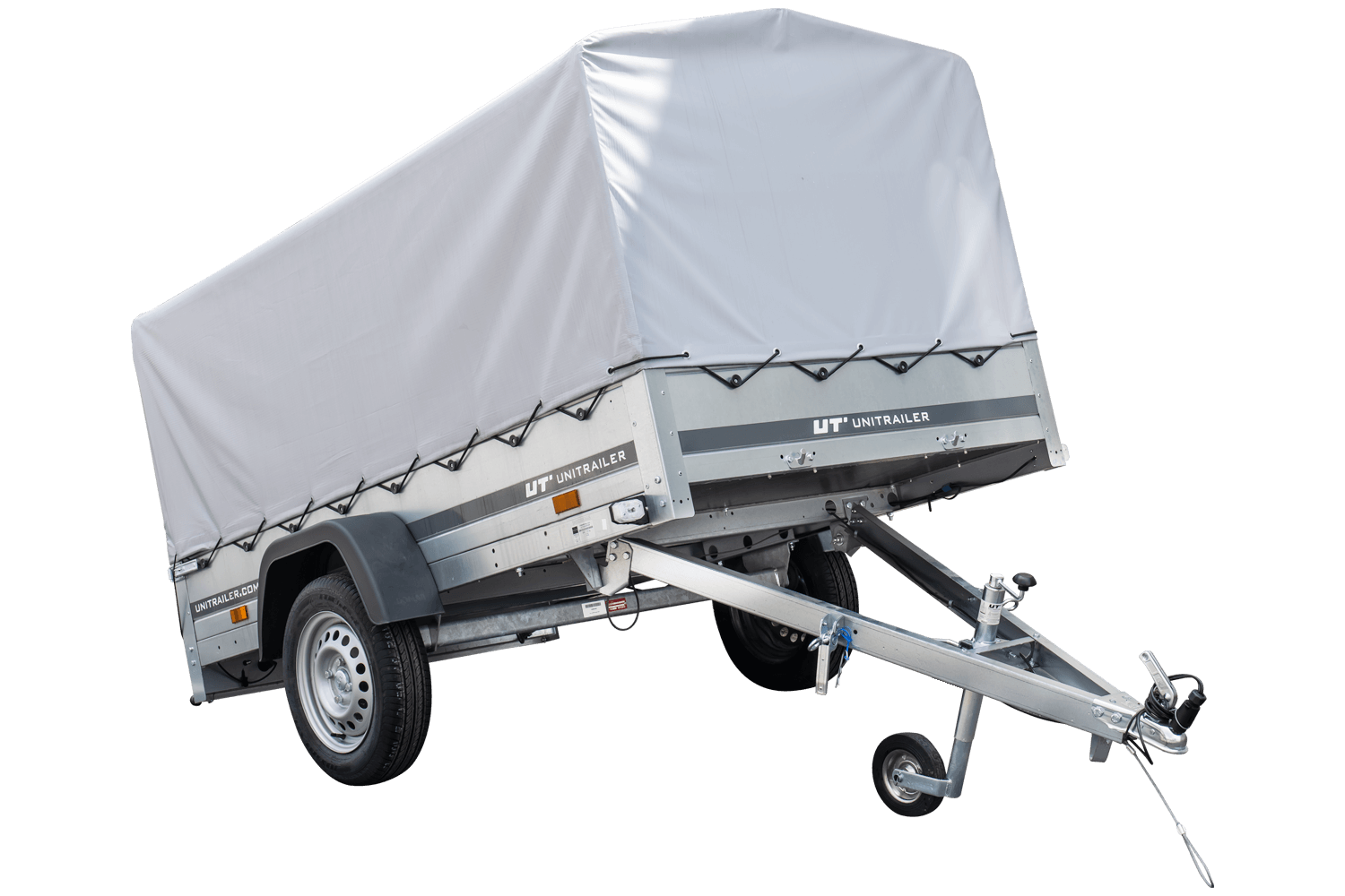 UNITRAILER Garden Trailer 230 Kipp – PKW-Anhänger 230,4 × 125,6 cm – 750 kg – Einachser – 80 cm hohe graue Plane – Ansicht 1