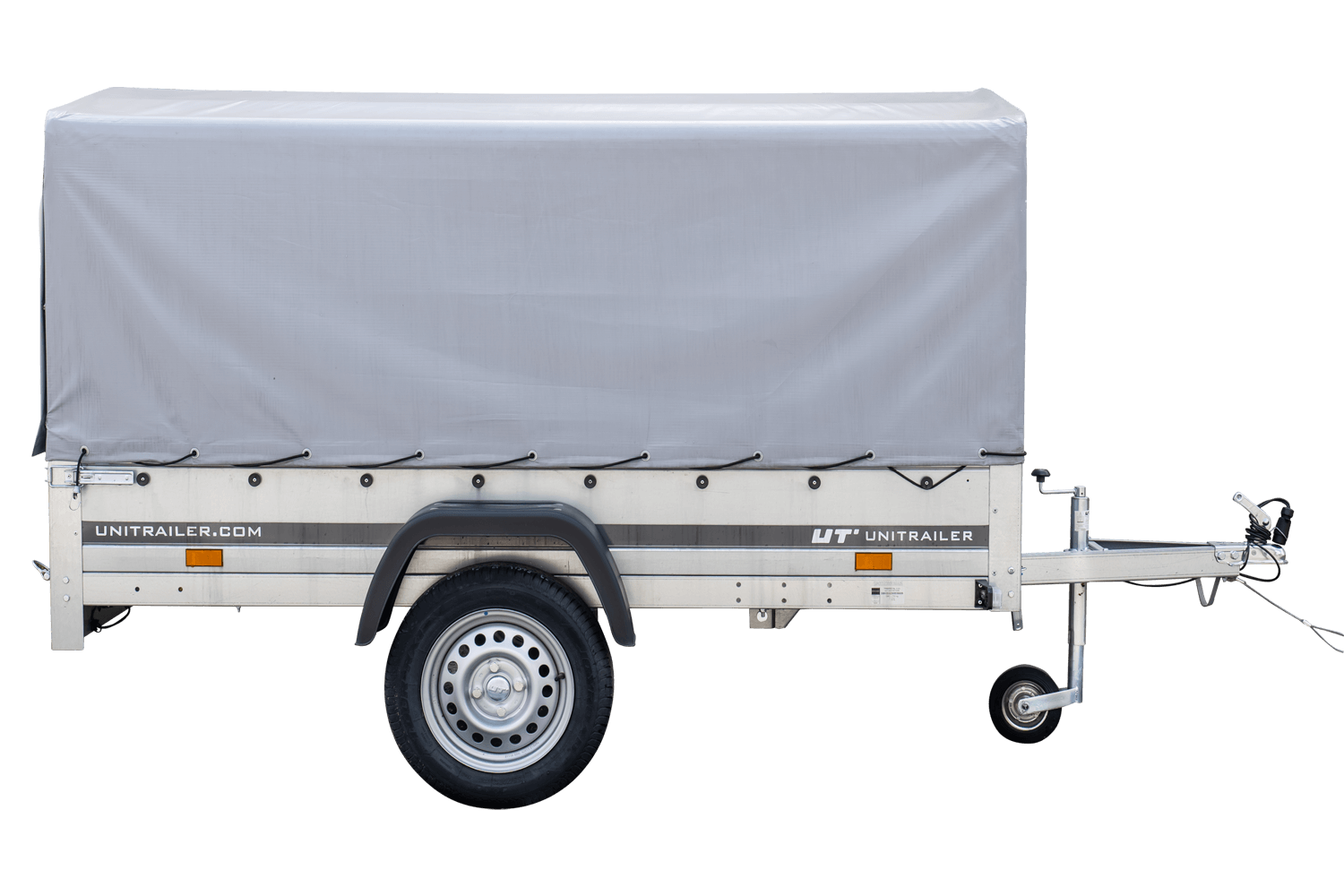 UNITRAILER Garden Trailer 230 Kipp – PKW-Anhänger 230,4 × 125,6 cm – 750 kg – Einachser – 80 cm hohe graue Plane – Ansicht 3