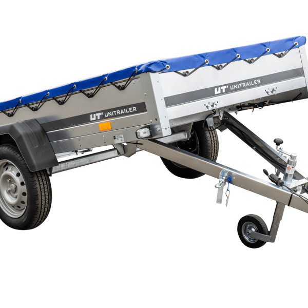 UNITRAILER Garden Trailer 230 Kipp – PKW-Anhänger 230,4 × 125,6 cm – 750 kg – Einachser – flache blaue Plane – Ansicht 1