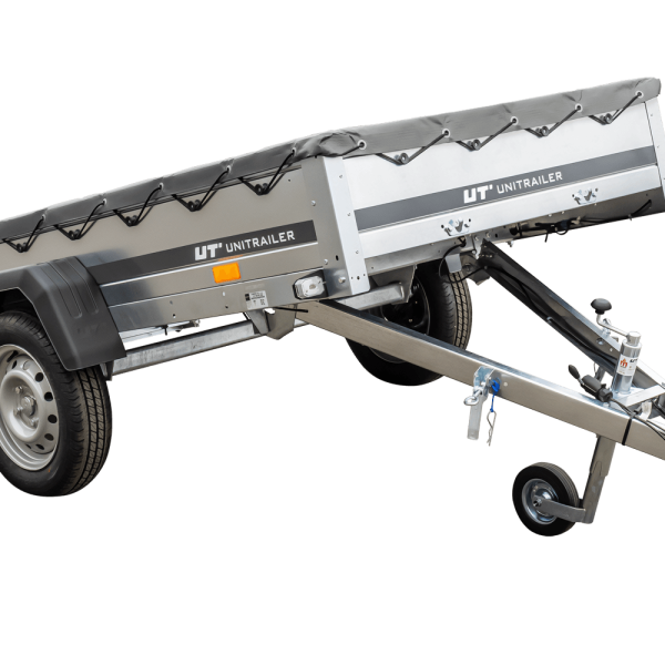 UNITRAILER Garden Trailer 230 Kipp – PKW-Anhänger 230,4 × 125,6 cm – 750 kg – Einachser – flache graue Plane – Ansicht 1