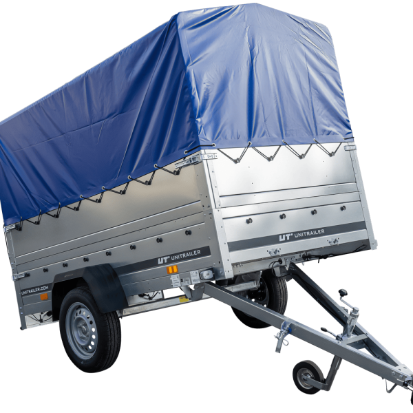 UNITRAILER Garden Trailer 230 Kipp – PKW-Anhänger 230,4 × 125,6 cm – 750 kg – Einachser – 80 cm hohe blaue Plane – Zusatzbordwände: zusätzliche Vollwand-Stahlbordwände – Ansicht 1