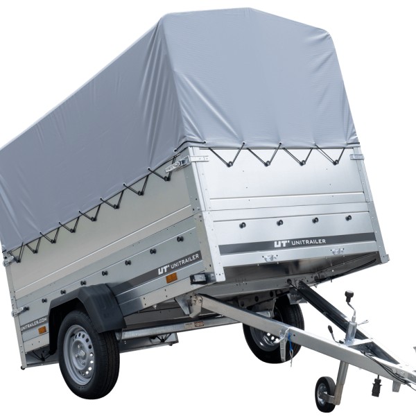 UNITRAILER Garden Trailer 230 Kipp – PKW-Anhänger 230,4 × 125,6 cm – 750 kg – Einachser – 80 cm hohe graue Plane – Zusatzbordwände: zusätzliche Vollwand-Stahlbordwände – Ansicht 1
