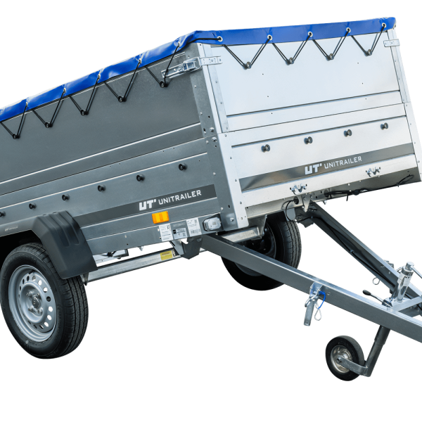 UNITRAILER Garden Trailer 230 Kipp – PKW-Anhänger 230,4 × 125,6 cm – 750 kg – Einachser – flache blaue Plane – Zusatzbordwände: zusätzliche Vollwand-Stahlbordwände – Ansicht 1