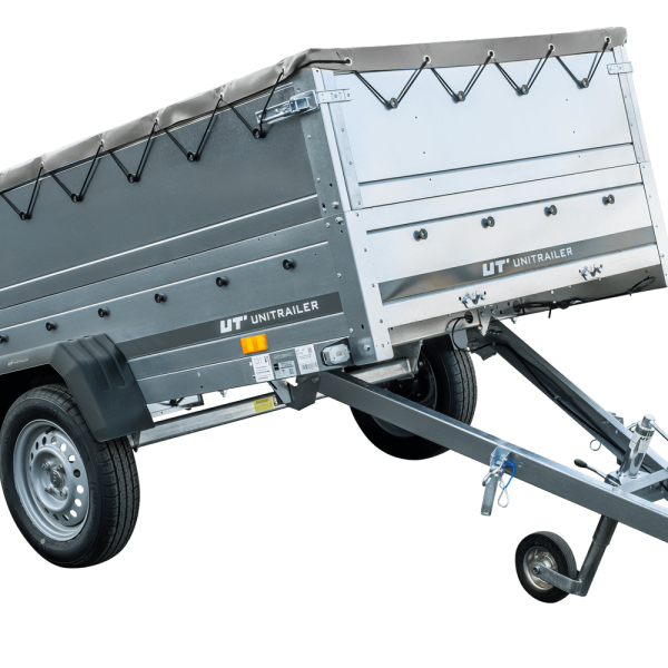 UNITRAILER Garden Trailer 230 Kipp – PKW-Anhänger 230,4 × 125,6 cm – 750 kg – Einachser – flache graue Plane – Zusatzbordwände: zusätzliche Vollwand-Stahlbordwände – inklusive Stützrad – Ansicht 1