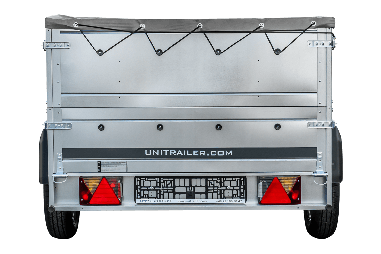 UNITRAILER Garden Trailer 230 Kipp – PKW-Anhänger 230,4 × 125,6 cm – 750 kg – Einachser – flache graue Plane – Zusatzbordwände: zusätzliche Vollwand-Stahlbordwände – inklusive Stützrad – Ansicht 3