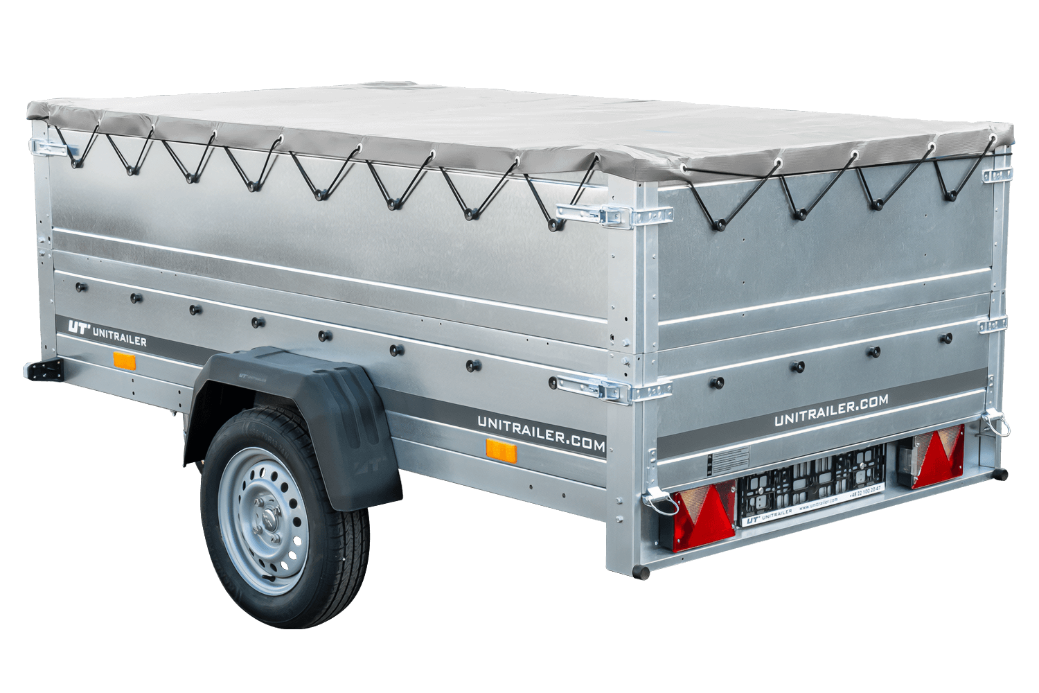 UNITRAILER Garden Trailer 230 Kipp – PKW-Anhänger 230,4 × 125,6 cm – 750 kg – Einachser – flache graue Plane – Zusatzbordwände: zusätzliche Vollwand-Stahlbordwände – inklusive Stützrad – Ansicht 4