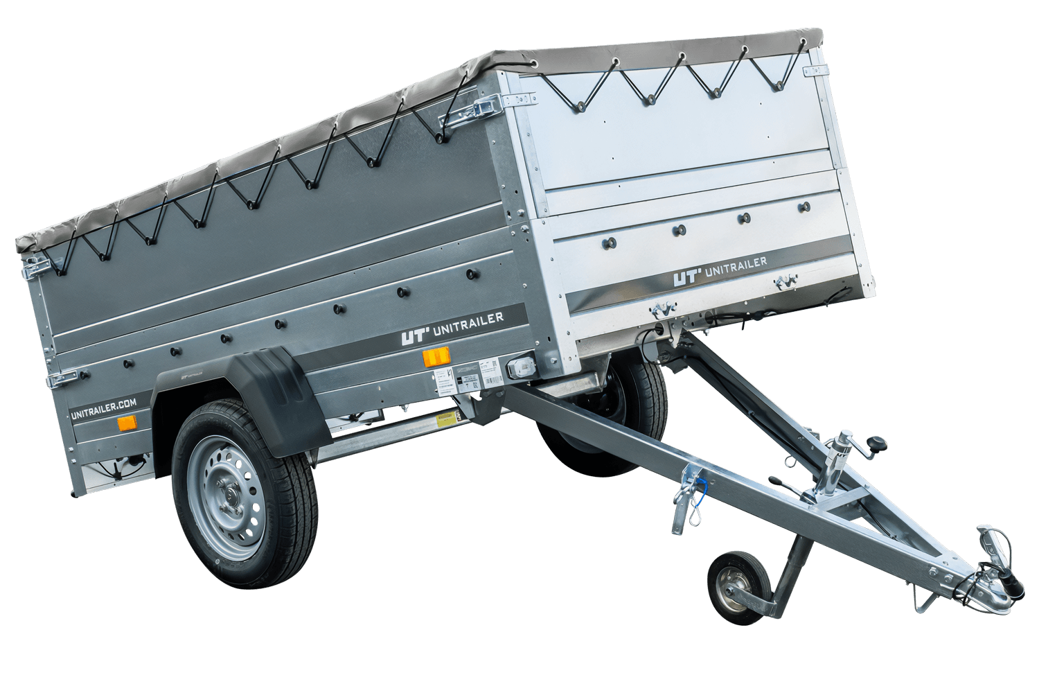 UNITRAILER Garden Trailer 230 Kipp – PKW-Anhänger 230,4 × 125,6 cm – 750 kg – Einachser – flache graue Plane – Zusatzbordwände: zusätzliche Vollwand-Stahlbordwände – Ansicht 1