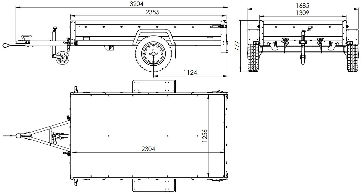 UNITRAILER Garden Trailer 230 Kipp – PKW-Anhänger 230,4 × 125,6 cm – 750 kg – Einachser – flache graue Plane – Zusatzbordwände: zusätzliche Vollwand-Stahlbordwände – Ansicht 2