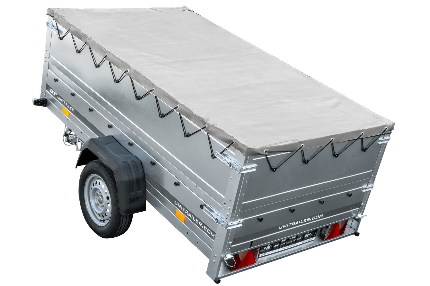 UNITRAILER Garden Trailer 230 Kipp – PKW-Anhänger 230,4 × 125,6 cm – 750 kg – Einachser – flache graue Plane – Zusatzbordwände: zusätzliche Vollwand-Stahlbordwände – Ansicht 3