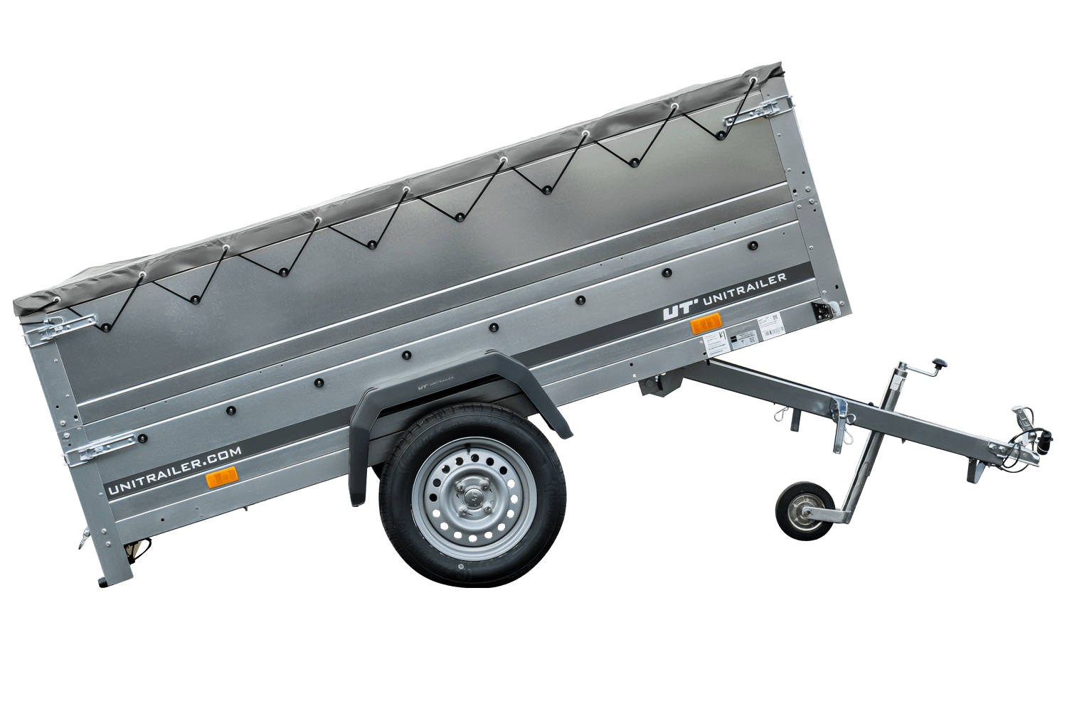 UNITRAILER Garden Trailer 230 Kipp – PKW-Anhänger 230,4 × 125,6 cm – 750 kg – Einachser – flache graue Plane – Zusatzbordwände: zusätzliche Vollwand-Stahlbordwände – Ansicht 4