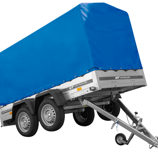 UNITRAILER Garden Trailer 264/2 Kipp – PKW-Anhänger 264,1 × 125,6 cm – 750 kg – Tandemachser – 110 cm hohe blaue Plane – Ansicht 1