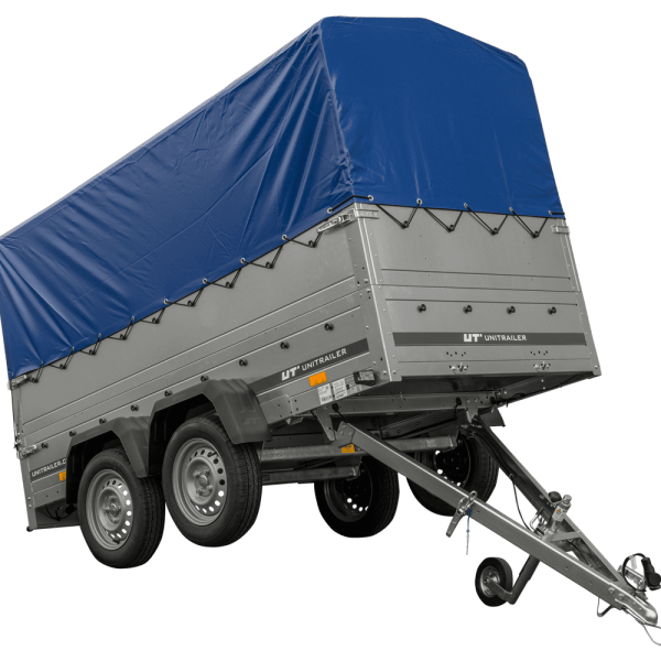 UNITRAILER Garden Trailer 264/2 Kipp – PKW-Anhänger 264,1 × 125,6 cm – 750 kg – Tandemachser – 80 cm hohe blaue Plane – Zusatzbordwände: zusätzliche Vollwand-Stahlbordwände – inklusive Stützrad – Ansicht 1