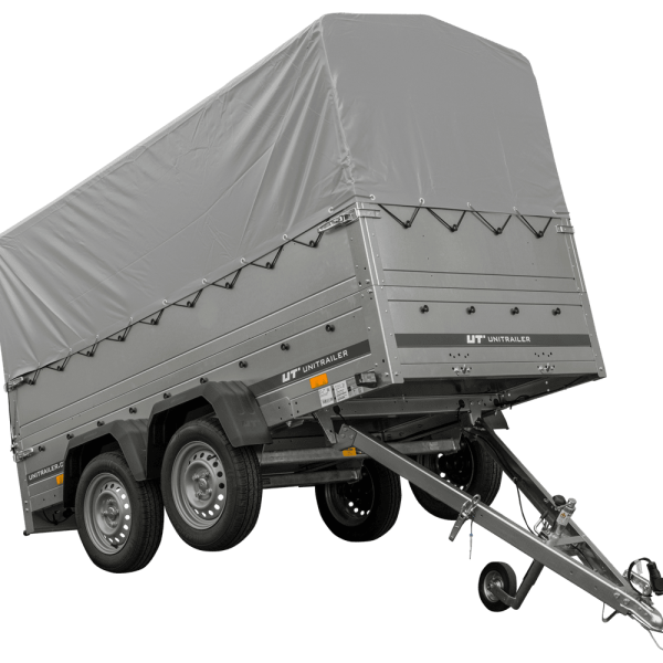 UNITRAILER Garden Trailer 264/2 Kipp – PKW-Anhänger 264,1 × 125,6 cm – 750 kg – Tandemachser – 80 cm hohe graue Plane – Zusatzbordwände: zusätzliche Vollwand-Stahlbordwände – inklusive Stützrad – Ansicht 1