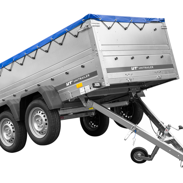 UNITRAILER Garden Trailer 264/2 Kipp – PKW-Anhänger 264,1 × 125,6 cm – 750 kg – Tandemachser – blaue Flachplane – Zusatzbordwände: zusätzliche Vollwand-Stahlbordwände – inklusive Stützrad – mit Flachplanenträger – Ansicht 1