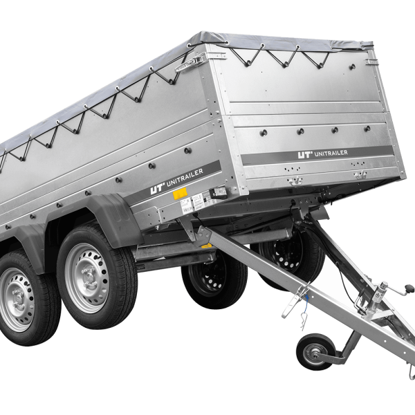 UNITRAILER Garden Trailer 264/2 Kipp – PKW-Anhänger 264,1 × 125,6 cm – 750 kg – Tandemachser – flache graue Plane – Zusatzbordwände: zusätzliche Vollwand-Stahlbordwände – inklusive Stützrad – mit Flachplanenträger – Ansicht 1