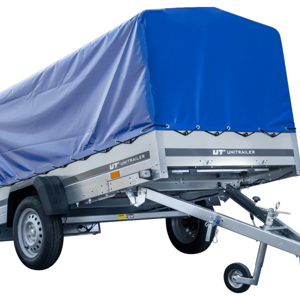 UNITRAILER Garden Trailer 264 KIPP – PKW-Anhänger 264,1 × 125,6 cm – 750 kg – Einachser – 80 cm hohe blaue Plane – Ansicht 1