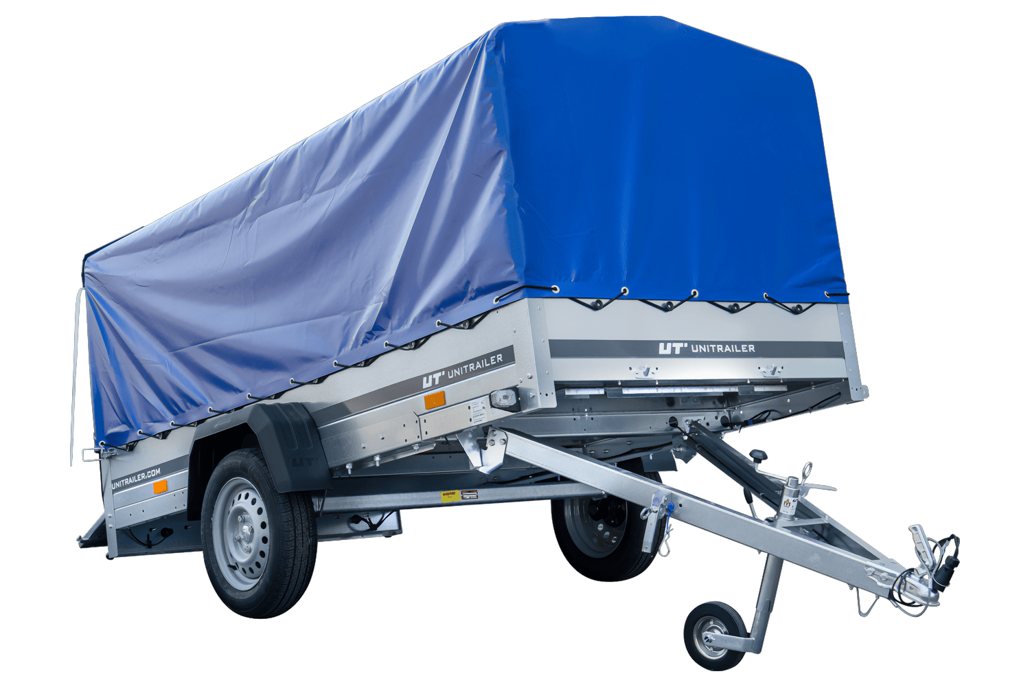 UNITRAILER Garden Trailer 264 KIPP – PKW-Anhänger 264,1 × 125,6 cm – 750 kg – Einachser – 80 cm hohe blaue Plane – Ansicht 1