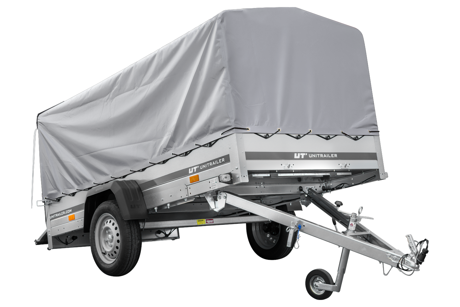 UNITRAILER Garden Trailer 264 KIPP – PKW-Anhänger 264,1 × 125,6 cm – 750 kg – Einachser – 80 cm hohe graue Plane – Ansicht 1