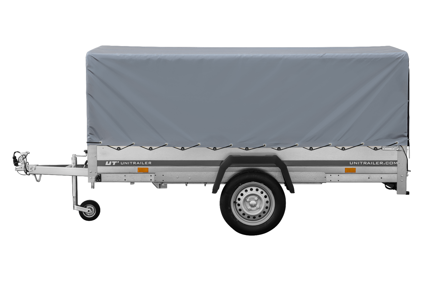 UNITRAILER Garden Trailer 264 KIPP – PKW-Anhänger 264,1 × 125,6 cm – 750 kg – Einachser – 80 cm hohe graue Plane – Ansicht 3