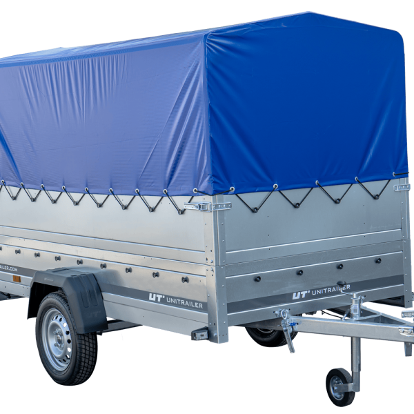 UNITRAILER Garden Trailer 264 KIPP – PKW-Anhänger 264,1 × 125,6 cm – 750 kg – Einachser – 80 cm hohe blaue Plane – Zusatzbordwände: zusätzliche Vollwand-Stahlbordwände – inklusive Stützrad – Ansicht 1