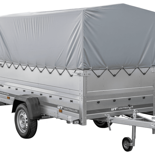 UNITRAILER Garden Trailer 264 KIPP – PKW-Anhänger 264,1 × 125,6 cm – 750 kg – Einachser – 80 cm hohe graue Plane – Zusatzbordwände: zusätzliche Vollwand-Stahlbordwände – inklusive Stützrad – Ansicht 1