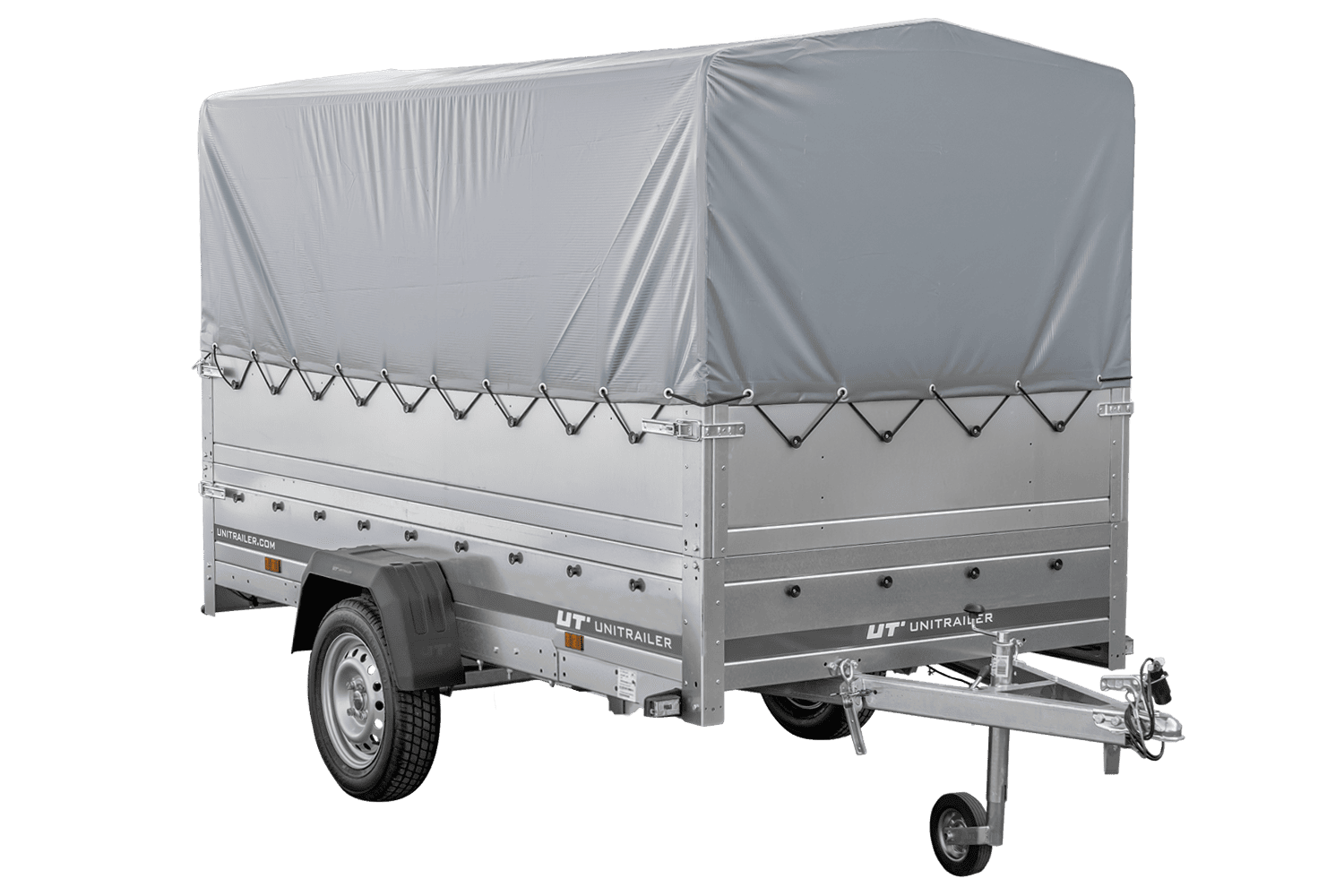 UNITRAILER Garden Trailer 264 KIPP – PKW-Anhänger 264,1 × 125,6 cm – 750 kg – Einachser – 80 cm hohe graue Plane – Zusatzbordwände: zusätzliche Vollwand-Stahlbordwände – inklusive Stützrad – Ansicht 1