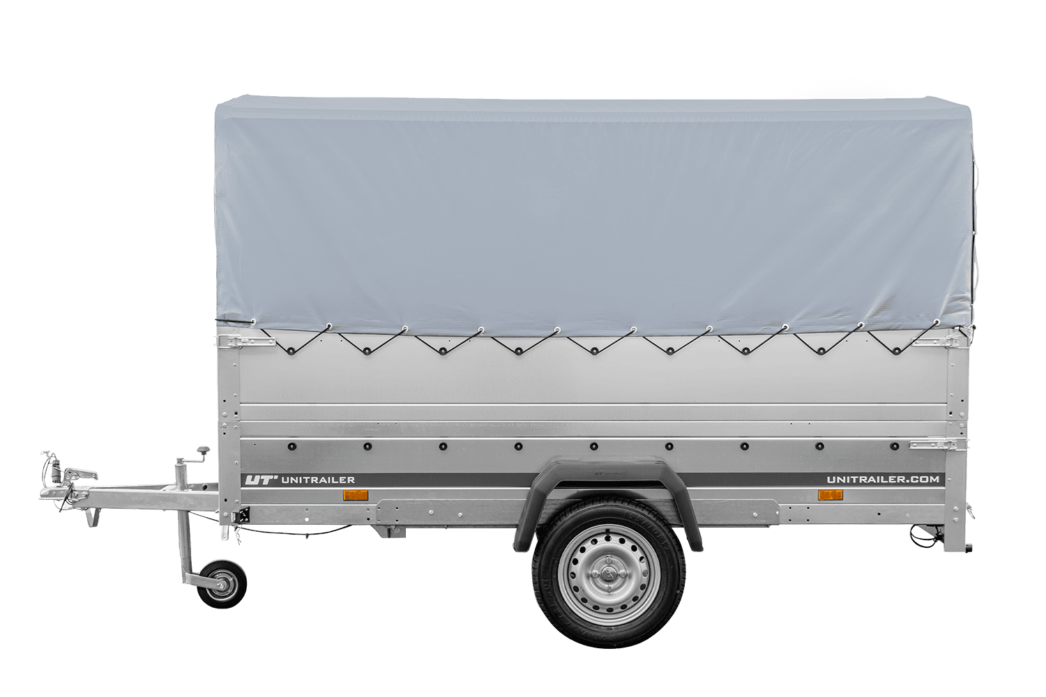 UNITRAILER Garden Trailer 264 KIPP – PKW-Anhänger 264,1 × 125,6 cm – 750 kg – Einachser – 80 cm hohe graue Plane – Zusatzbordwände: zusätzliche Vollwand-Stahlbordwände – inklusive Stützrad – Ansicht 3