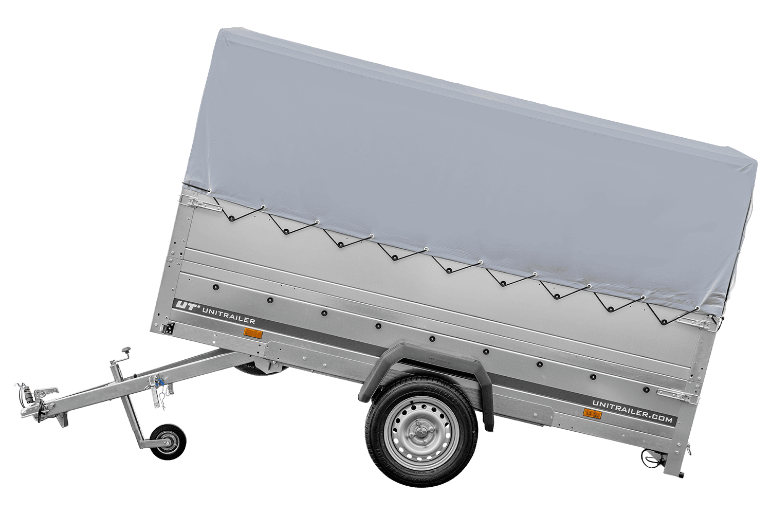 UNITRAILER Garden Trailer 264 KIPP – PKW-Anhänger 264,1 × 125,6 cm – 750 kg – Einachser – 80 cm hohe graue Plane – Zusatzbordwände: zusätzliche Vollwand-Stahlbordwände – inklusive Stützrad – Ansicht 4