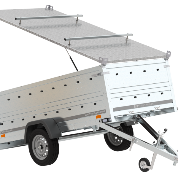UNITRAILER Garden Trailer 264 KIPP – PKW-Anhänger 264,1 × 125,6 cm – 750 kg – Einachser – Aluminiumhaube – Zusatzbordwände: zusätzliche Vollwand-Stahlbordwände – Ansicht 1