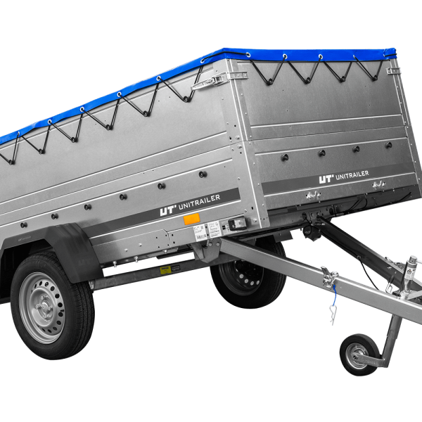 UNITRAILER Garden Trailer 264 KIPP – PKW-Anhänger 264,1 × 125,6 cm – 750 kg – Einachser – blaue Flachplane – Zusatzbordwände: zusätzliche Vollwand-Stahlbordwände – inklusive Stützrad – Ansicht 1