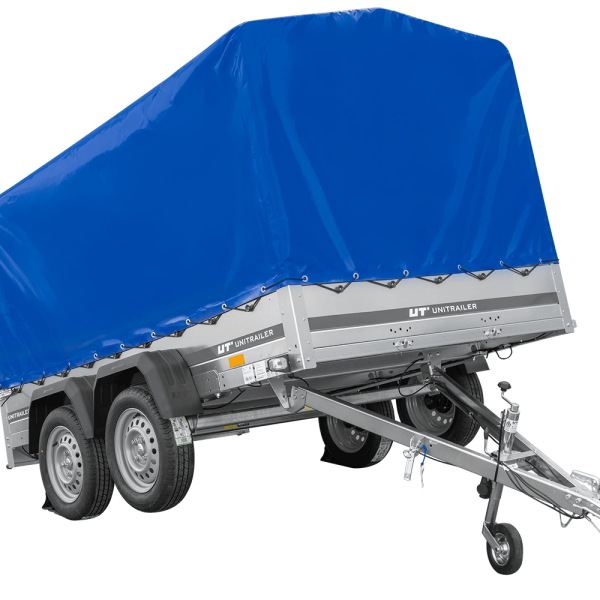 UNITRAILER Garden Trailer 265/2 KIPP – PKW-Anhänger 264,3 × 149,9 cm – 750 kg – Tandemachser – 110 cm hohe blaue Plane – Ansicht 1