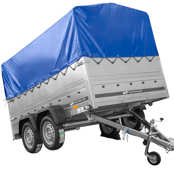 UNITRAILER Garden Trailer 265/2 KIPP – PKW-Anhänger 264,3 × 149,9 cm – 750 kg – Tandemachser – 80 cm hohe blaue Plane – Zusatzbordwände: zusätzliche Vollwand-Stahlbordwände – Ansicht 1