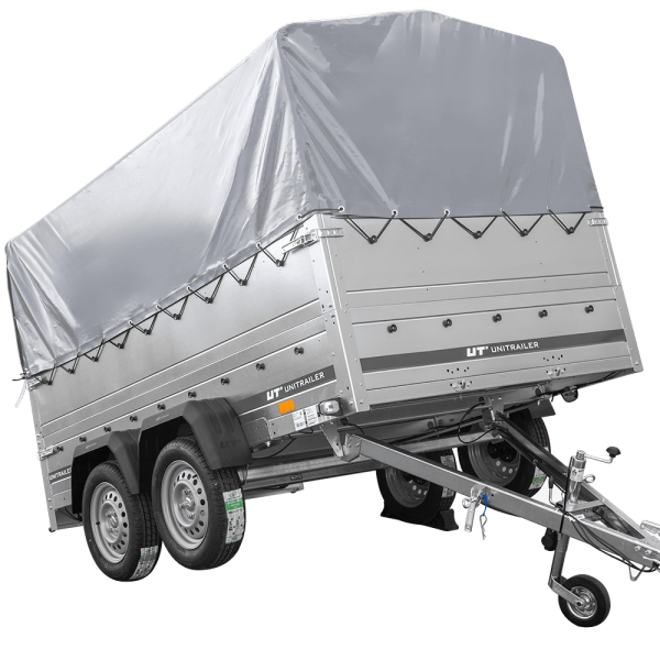 UNITRAILER Garden Trailer 265/2 KIPP – PKW-Anhänger 264,3 × 149,9 cm – 750 kg – Tandemachser – 80 cm hohe graue Plane – Zusatzbordwände: zusätzliche Vollwand-Stahlbordwände – Ansicht 1