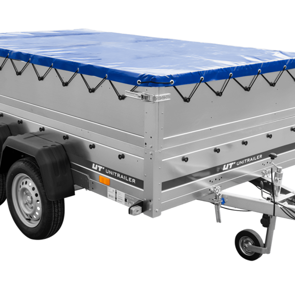 UNITRAILER Garden Trailer 265/2 KIPP – PKW-Anhänger 264,3 × 149,9 cm – 750 kg – Tandemachser – flache blaue Plane – Zusatzbordwände: zusätzliche Vollwand-Stahlbordwände – mit Flachplanenträger – Ansicht 1