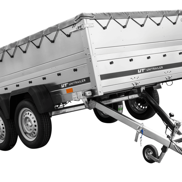 UNITRAILER Garden Trailer 265/2 KIPP – PKW-Anhänger 264,3 × 149,9 cm – 750 kg – Tandemachser – flache graue Plane – Zusatzbordwände: zusätzliche Vollwand-Stahlbordwände – mit Flachplanenträger – Ansicht 1