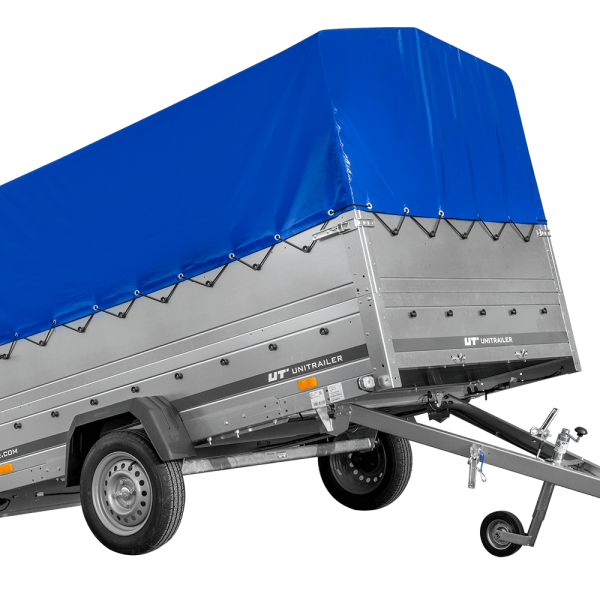UNITRAILER Garden Trailer 265 KIPP – PKW-Anhänger 264,3 × 149,9 cm – 750 kg – Einachser – 80 cm hohe blaue Plane – Zusatzbordwände: zusätzliche Vollwand-Stahlbordwände – Ansicht 1